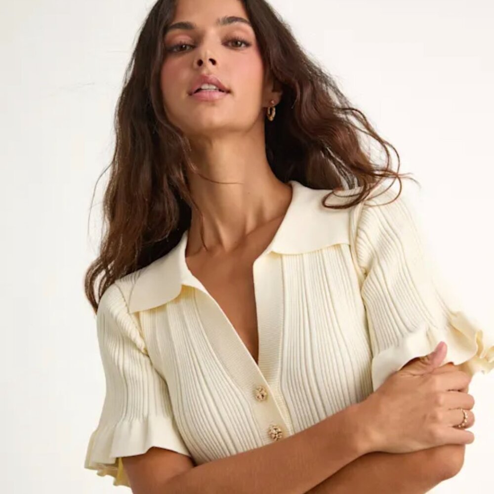 Lulus Yavina Cream Collared Skater Sweater Mini Dress White - Size S - Picture 2 of 6